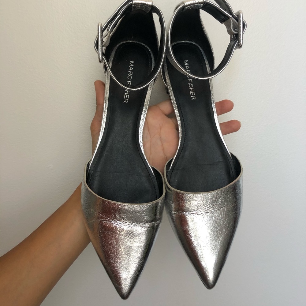Metallic Silver Marc Fisher Ankle Strap Flats, Sz8